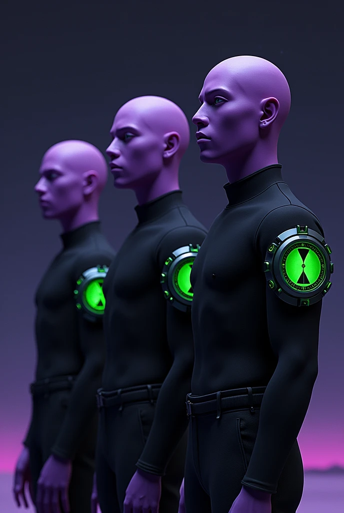 Please make 3 identical men side by side, They all have purple skin and wear basic black clothes, and each one also has on their right arm a large, round green watch with black details and a green hourglass in the center of the watch.. starry background