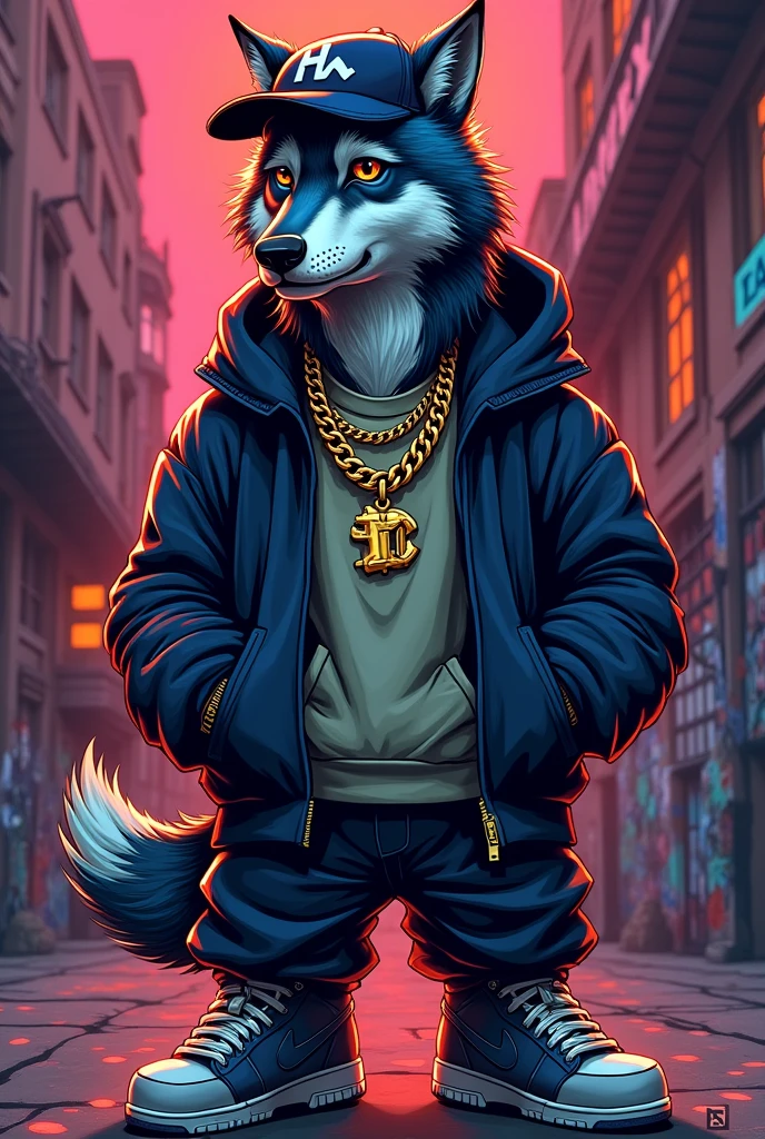 Drawing of a wolf that is dressed like the rappers of the 90s