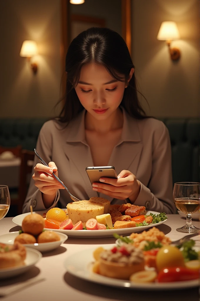 A woman is sitting down to eat. There are many kinds of food in front of her. She takes some of it and puts it in her mouth while her left hand is looking at the phone.
