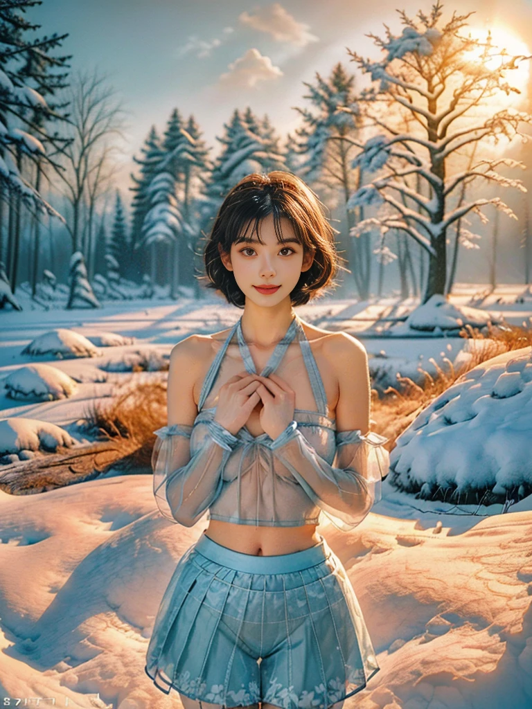 (Coniferous forest covered with heavy snow in the background，Blizzard，Without sunlight，Gray atmosphere:1.2)，Extreme Clarity，A beautiful，High Detail，8K resolution，Clear eyes，Smile，(Brown short hair)，Perfect facial features，Wooden window frames，(Hold your hands on your chest:1.3)，（A full-body photo with a furry hat），(emphasize，Inside wearing a light blue transparent floral halter top，Light blue transparent short skirt），full-body shot，individual