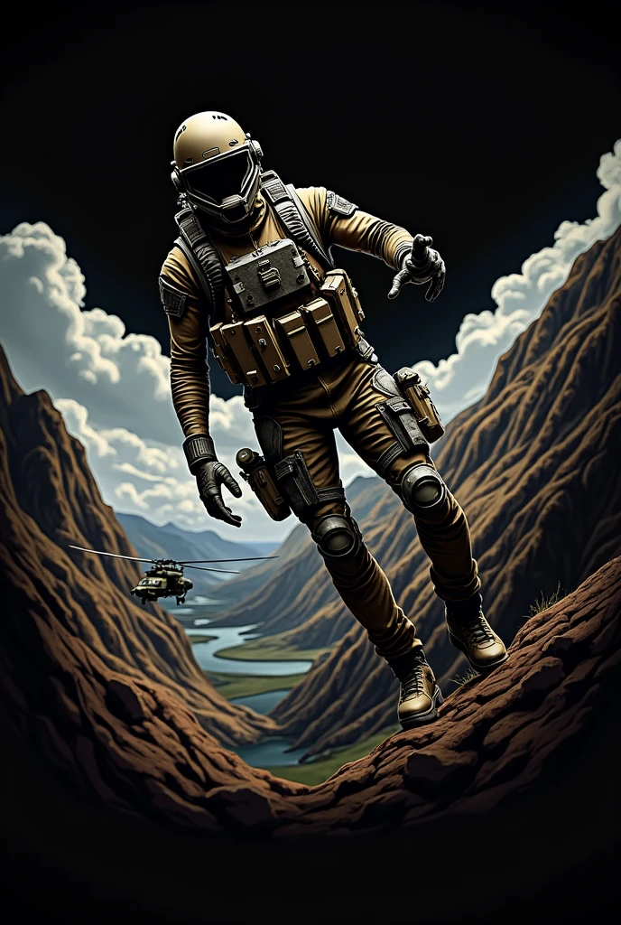 Dropping from a military helicopter,Wearing the suit from the original image