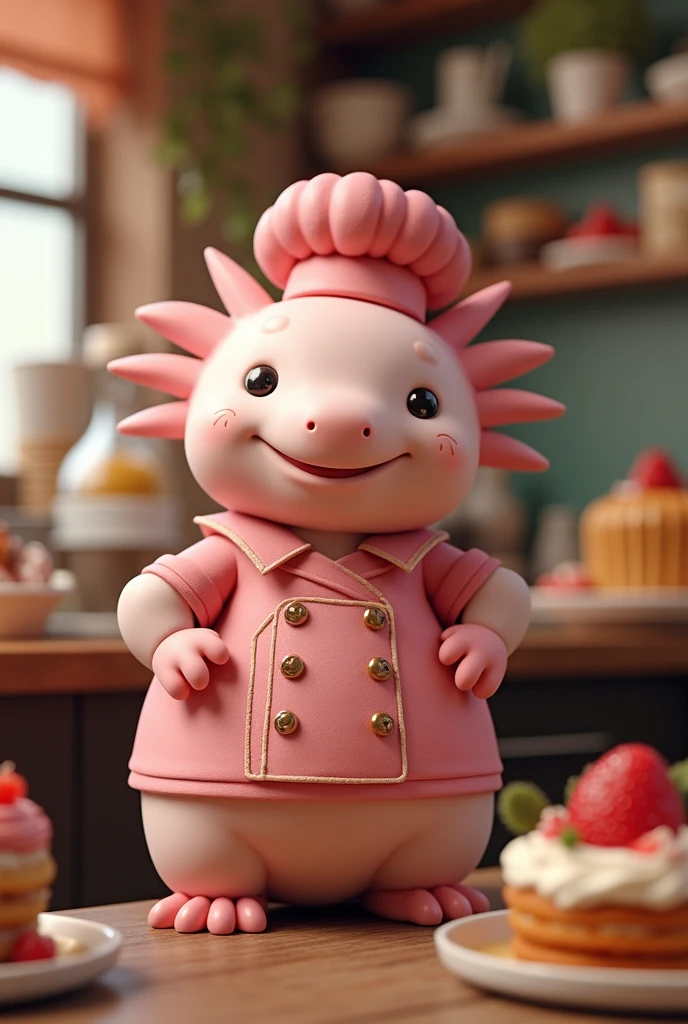 I need animal axolotl dressed as a pastry chef rose color and nomber the sweet memory, is a entreprenaut the bakery and catering but create 3 d imagen