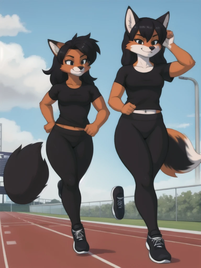 Furry, fox, female, black shirt, black leggings, shoes, running track, friends, full body