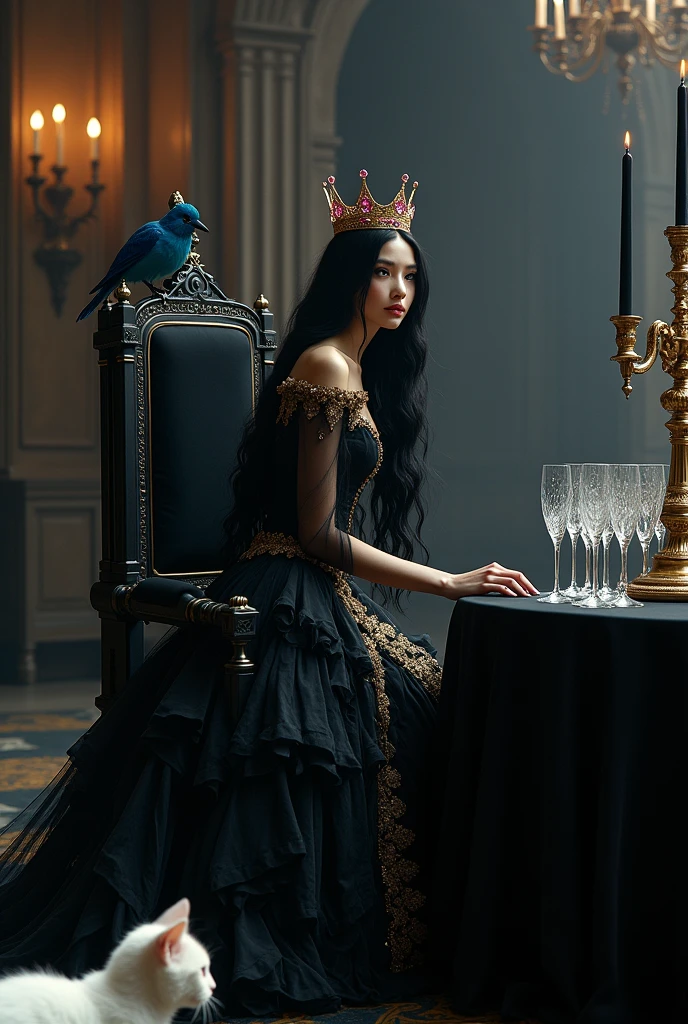 "A full-body shot of a extra wide scene in a dark medeval palace. A Night scene. A queen with big light-colored eyes, super long shiny blackest hair, ((Detailed face:1.2)), perfect beautiful teeth, perfect hands, five fingers on each hand, big breasts cleavage, white perfect skin, rosy cheeks, )(Best Quality) (Detailed). Wearing a layered black and gold dress with lace and shiffon. Queen is dancing with her twin sister, beside a black thrown. On her head is a gold crown, adorned with pink crystals 1:1. A white cat lounges on the floor in front of her 1:1, while a blue bird perches atop the throne. The scene includes a elegant, extraordinairy beautiful gothic empress, striking a bendover pose glansing to her sister, excited, her long black hair flowing over her shoulders. Embodying a beautiful yet disheveled gothic queen. The environment exudes a medieval fantasy vibe, with a big black intricate throne, a dark medeval chandelier with few candles hanging from the ceiling a very low romantic lighting. In a fantastic scene that uses 3D Surreal 3D model. Big gold gothic medieval five armed candlesticks sit on a blacktable, surrounded by crystal wine glasses—one tipped over and another half-full of wine. The entire setup is Best Quality, masterpiece yet regal, capturing the essence of a vampire, fantastical gothic setting, moist, Reflectors, low lighting from right , framed with the grandeur of medieval gothic style. photographed in a Canon EOS R5, 50mm Lens, F/2.8, nffsw, (8K)"