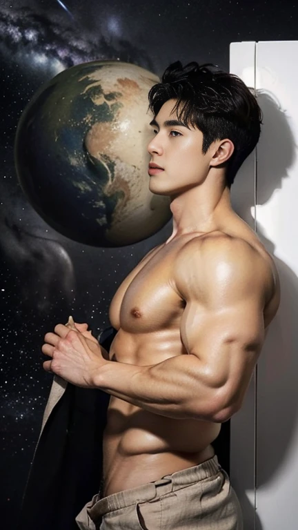 Photorealistic, ((best quality)), ((masterpiece)), (detailed),masculine portrait of Atlas, Atlas, carrying the planet Earth, fully , nude,e view, holding the planet Earth on his back, muscule, ripped, strong body, fit body, 1boy, outer space background, constellations, stars, galaxies, 8k, high detailed, ultra-detailed, Stylish Pose, real skin texture, dark cinematic lighting, 1 male model, handsome, tall, cute looking, evil look, dark look, powerful, a young male handsome model, super strong, muscular, fit, massive muscles, six pack, clean shave, blue eyes. short messy brown hair, messy hair, ancient linen Greek small skirt, linen antique draped cloth skirt, ancient outerspace, constellation, galaxies, stars in the background, wearing nothing, completely naked expis huge penis, long bik masturbate, the mospenis , Realistic, fully nak