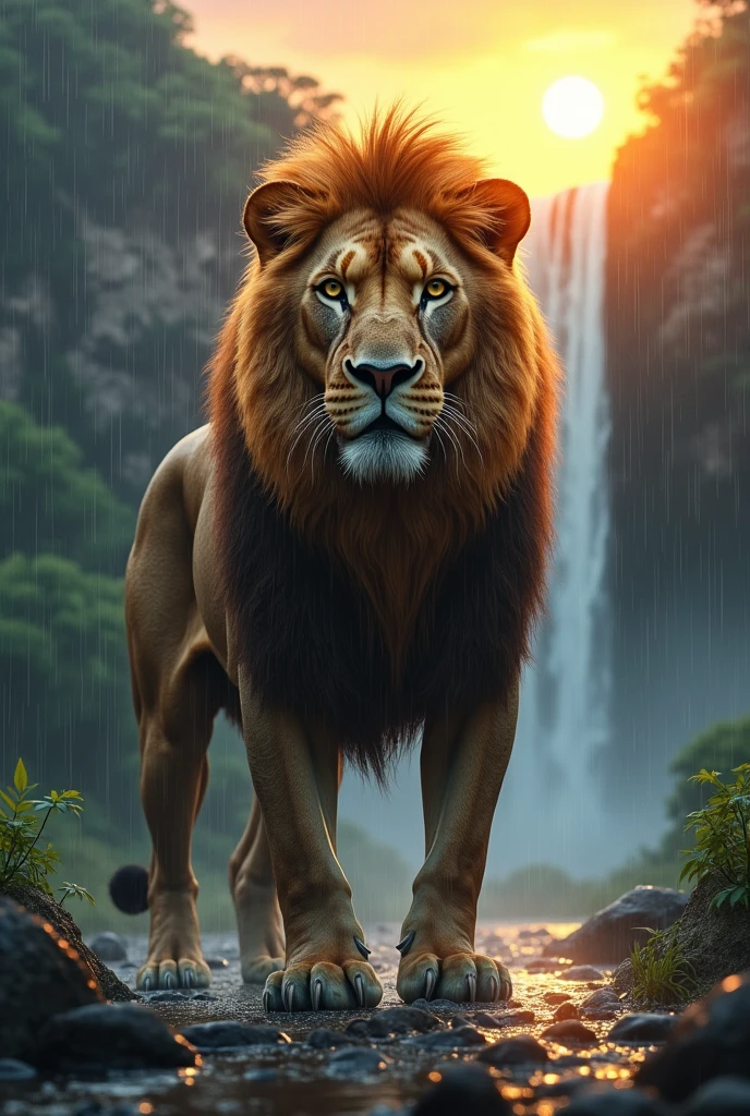 Give a photo of lion with a year drop and the rain with a sun in the background