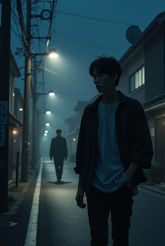 A modern Japanese man in his mid-20s, walking home alone at night down a quiet, dimly lit street. He looks slightly uneasy, glancing over his shoulder. In the distance, a man is standing under a streetlight, smiling eerily at him. The scene is filled with a sense of dread and tension