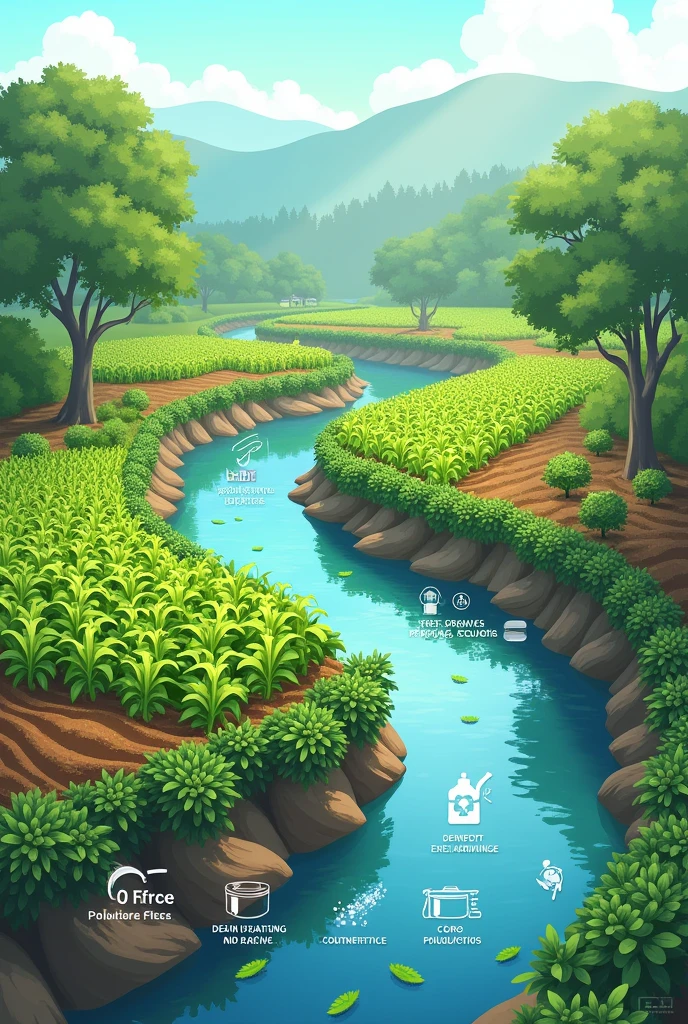 Create an image that represents the promotion of sustainable agricultural practices and the implementation of vegetation barriers along the Las Vacas River to reduce pollution.

Details to include:

Sustainable agricultural practices:

Show a scene of a crop field with organic farming practices. Representing healthy crops and agrochemical-free farming methods.
Include details such as composting or use of natural fertilizers to emphasize sustainability.
Reducing the use of agrochemicals:

Show a contrast between a field that uses agrochemicals (with visible chemical containers) and another that follows sustainable practices.
Include signage promoting the use of organic farming techniques.
Vegetative barriers and buffer strips:

Illustrate a river with plant barriers along its banks, like shrubs and plants, designed to capture and filter contaminants.
Show buffer strips (vegetation zones) along the river that act as protection zones to filter pollutants before they reach the water.
Capture of contaminants:

Show how plant barriers trap pollutant and sediment particles before they reach the river.
Include a diagram or icons that represent the capture and filtration of contaminants by vegetation barriers.
Education and awareness:

Include a sign or poster promoting sustainable agricultural practices and the importance of vegetation barriers for river health..
Style and Colors:

Clear and natural style, with green and blue colors that reflect the health of the environment and sustainability.
Use graphic details to explain how plant barriers and sustainable practices help reduce pollution.

