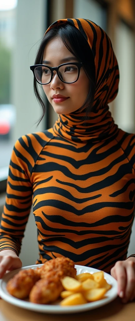 the beautiful,slender thin and prettiest Asian and Malaysian muslimah adult girl with beautiful cheeks wears tiger print lycra turtleneck unitard catsuit covered with seamless spots and always wear tiger print lycra elastane stretchy dance wear hijab covered with seamless spots.She has beautiful lips