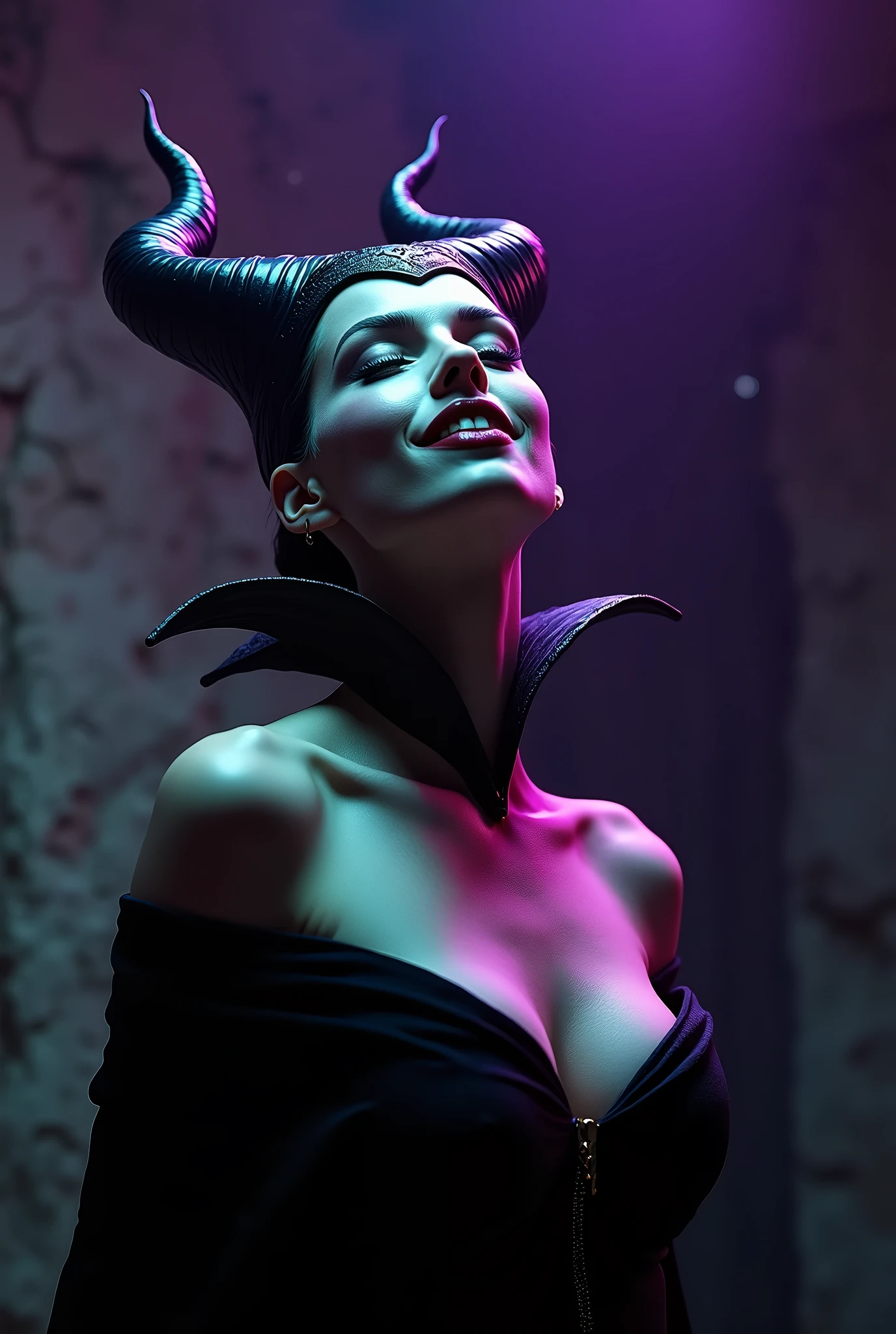 A stunning portrait of Maleficent, emphasis on her horns, purple highlights, purple reflected light, in the nude, young and beautiful, hyper realistic, real portrait, backlit, exquisite features, cleavage, sexy, seductive, unnatural light, soft light, location is the interior of a dungeon, green light, eerie, purple highlights:1.4, she is smirking, she is busty, her chin is raised, looking down at viewer, low angle shot, exquisite features, exotic, high cheekbones, show her full horns, her head is tilted back in laughter