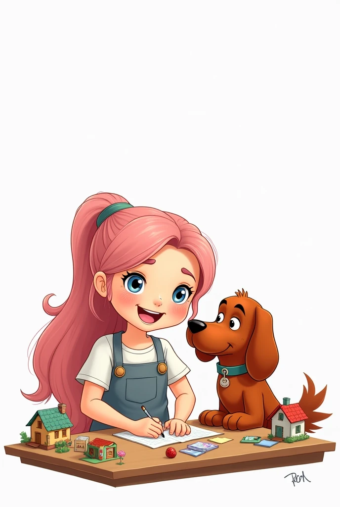 draw basic, line art style, Disney vector. Create avatar of chubby craftswoman girl, very beautiful, upper body. Long light pink hair, blue eyes, wide smile, white t-shirt with apron. She is with a charming red irish setter dog. in the table, working with mini houses dioramas. Specific art, fanart, sweet color, white background, clipart illustration, simple art, cartoon 2D, no shading, PNG, front view, close up