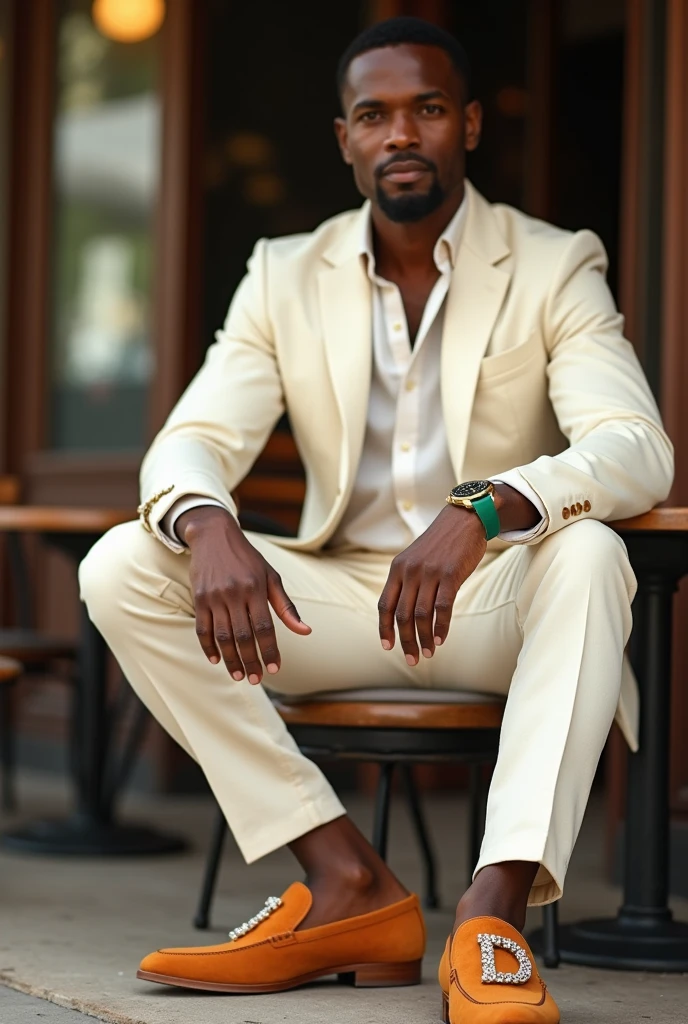 Forty year old black man, very elegant and sophisticated, very strong athletic build, with a goatee, wearing jewelry and a modern bowler hat, cream linen shirt and summer suit, Slim Italian style tailored cut, in pumpkin color Italian moccasin shoes,in pumpkin colors with beige letters D written on the left shoe, of the letter L, in the right shoe in large size, both letters use italic font and rhinestones on the edges, without wearing socks The model is sitting wearing a green Rolex in a bistro in the late afternoon.
The image angles prioritize viewing the model's shoes.
image from bottom to top