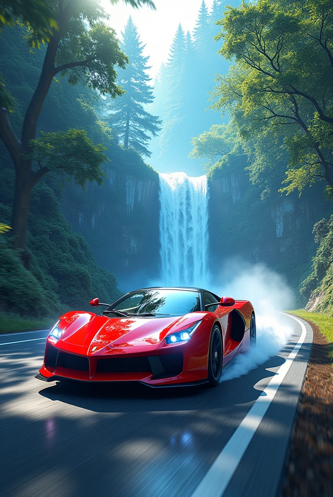  A car in red driving with blue trees and water fall