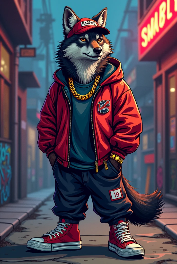 Drawing of a wolf that is dressed like the rappers of the 90s
