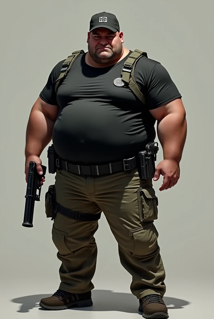 White fat man in black shirt tactical pants with brown gun and black cap