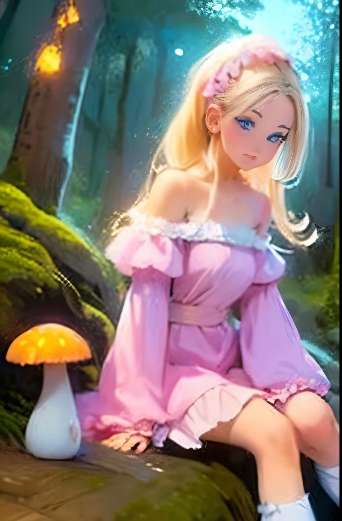 Light blonde haired anime girl with pale blue purple eyes wearing pink off shoulder puffy sleeves dress and knee length white boots sitting in the woods next to an orange mushroom surrounded by fireflies under starry sky sitting  