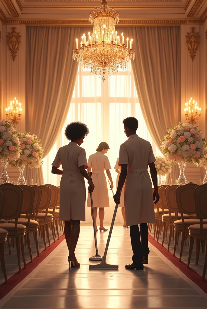With a very nice decorated interior, generate an image of a busy wedding venue with black people cleaning at the venue
