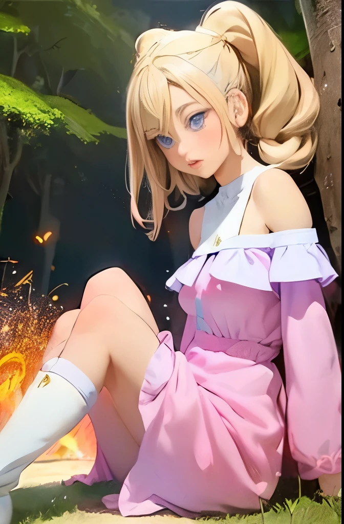 Light blonde haired anime girl with pale blue purple eyes wearing pink off shoulder puffy sleeves dress and knee length white boots sitting in the woods next to an orange mushroom surrounded by fireflies under starry sky sitting  