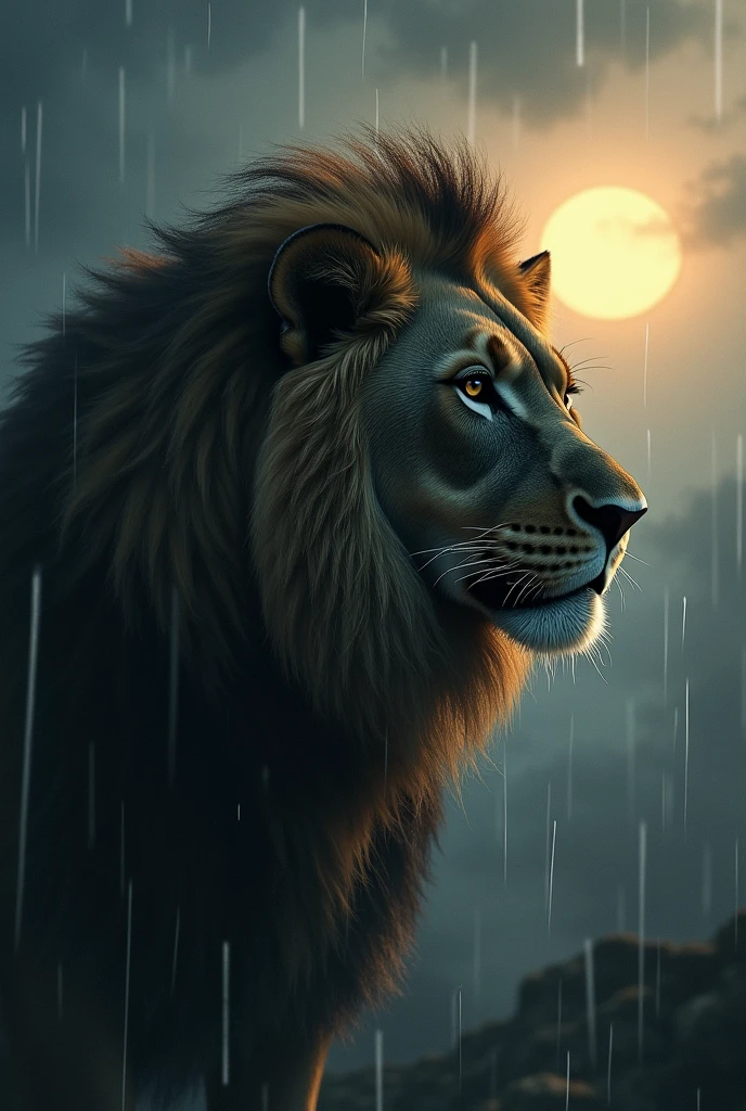 Give a photo of lion with a tear drop and the rain with a sun in the background