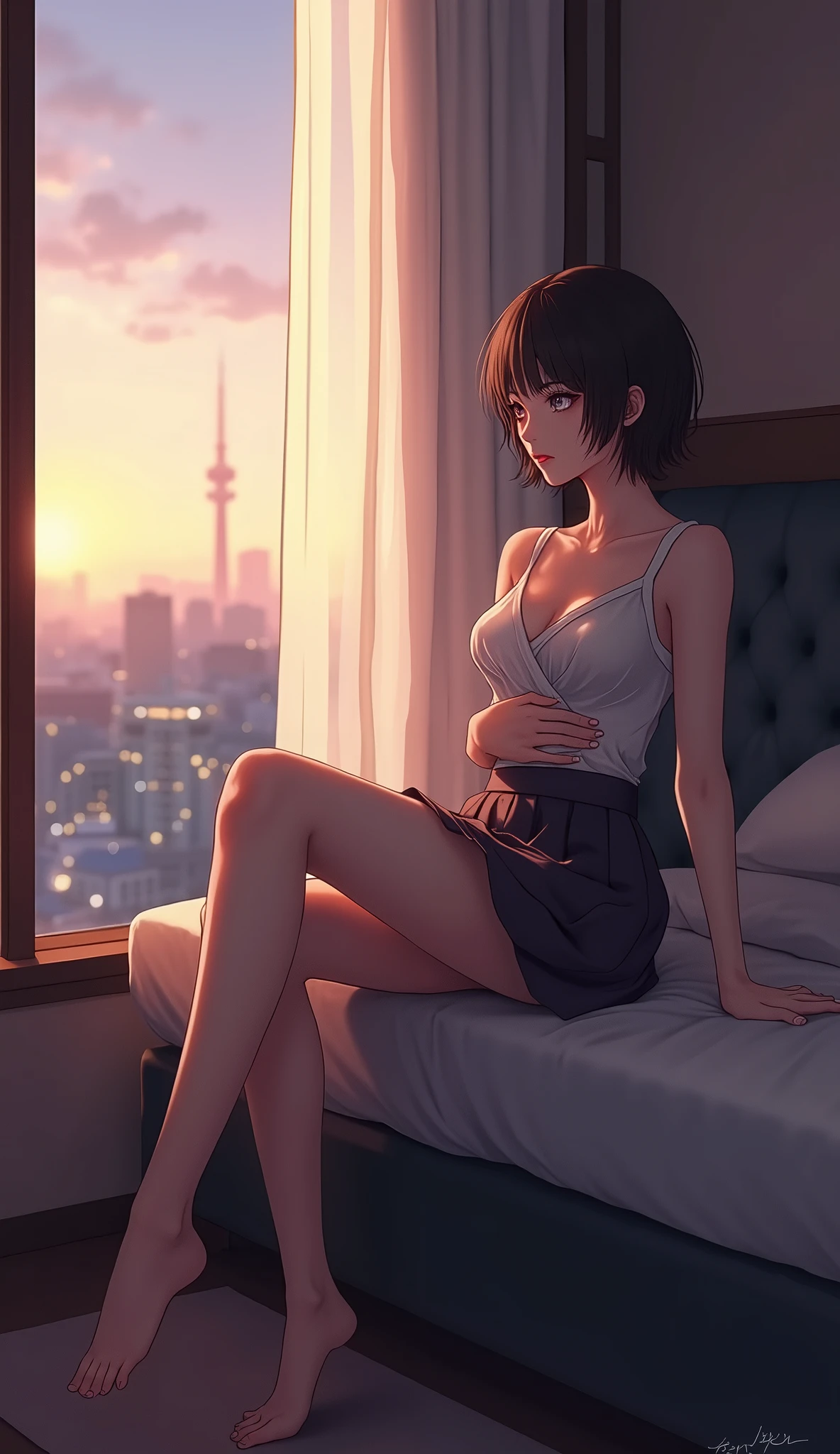 (masterpiece, 1girl, Japanese, 4, short black hair, (sitting pose, legs open:1.2), facing window, luxury hotel room, evening light)