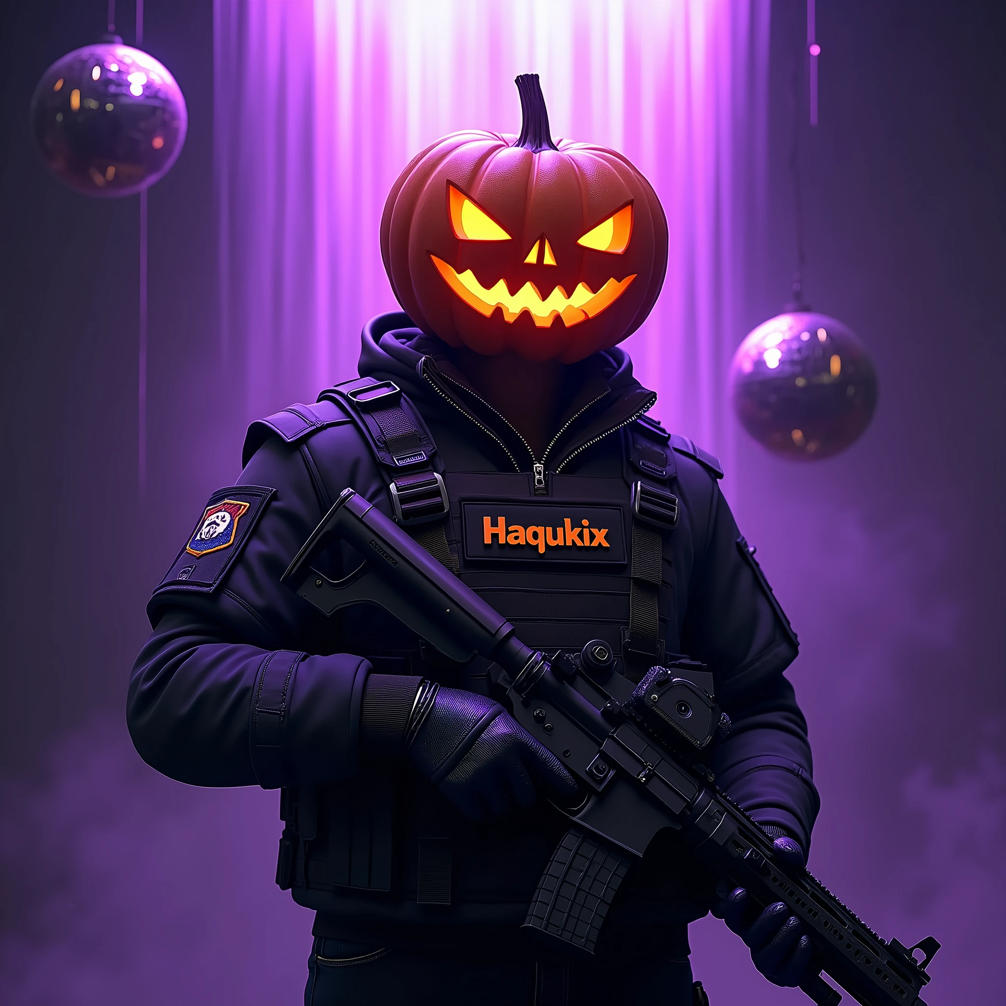 Character wearing a jack-o'-lantern on his head、Equipped with a tactical jacket and rifle、Purple light is pouring down from the mirror ball above.、The jacket says HAGUKIX