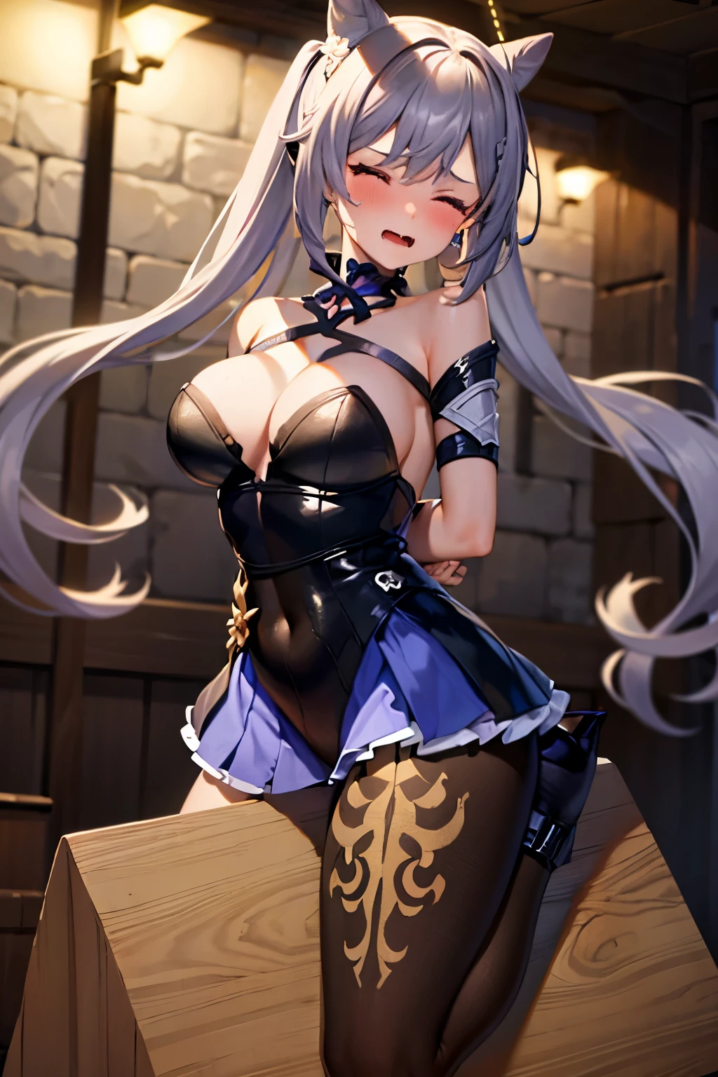 nsfw ,bound up her hands:1.2 ,eyes closed ,nude:2, naked ,large breast ,best quality foot:1.5 ,high quality toe ,a girl on a wooden horse:1.2 ,in a prison ,pussy juice:1.5 ,crying face ,scream, tears, raise both hands ,hyper realistic ,intricate details ,photorealistic ,cinematic lighting ,dramatic composition ,muted colors ,chiaroscuro lighting, moody atmosphere, fine art painting ,detailed face ,highly detailed, masterpiece:2, best quality:1.5, 8k:2 ,4k ,2k