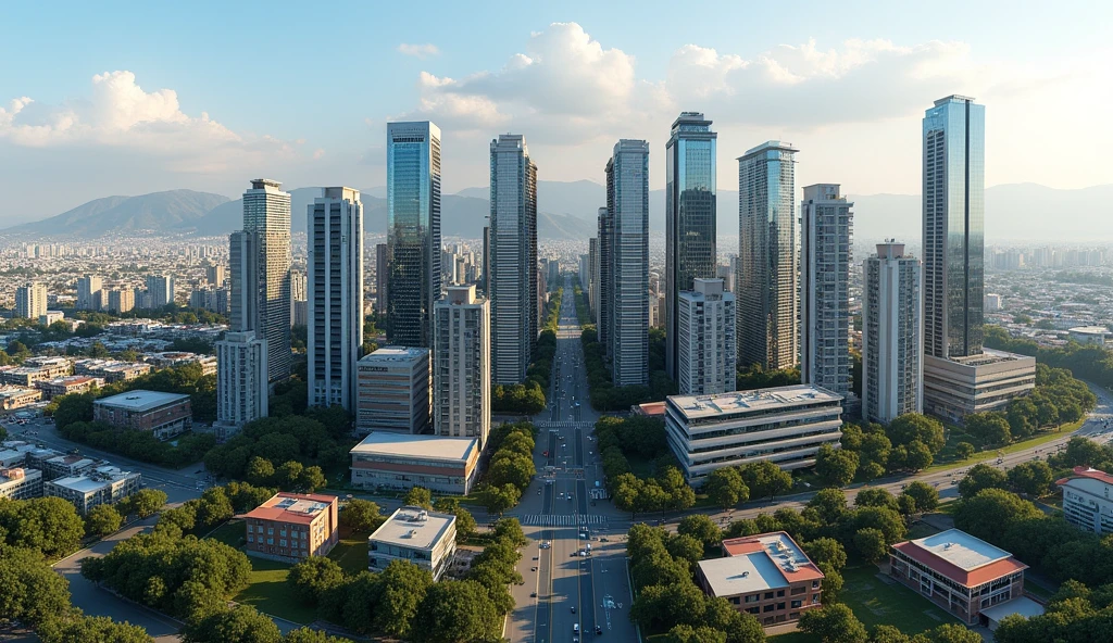 "It generates a panoramic aerial image of the city of Arequipa, showing 16 office, residential and hotel buildings with a design from the 2000s. Each building must have a height of approximately 120 meters and present a medium design and size, with variations in its structure and appearance to highlight the architectural diversity The buildings should be the main focus of the image, while the rest of the district is made up of parks, houses, shops and schools. The image should reflect a clear contrast between the modernity of the buildings. and the quieter and greener environment of the surrounding area."
