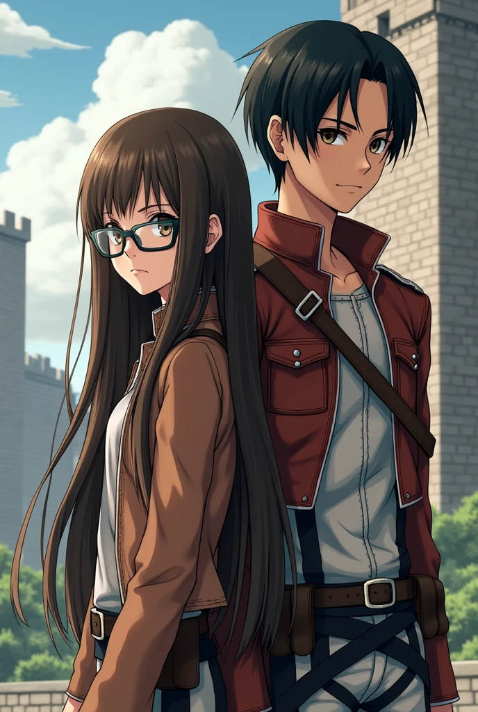 Create a girl with long straight brown hair with bangs and glasses standing together Levi Ackerman, make the girl taller than Levi , with the drawing style of the attack on titan universe
