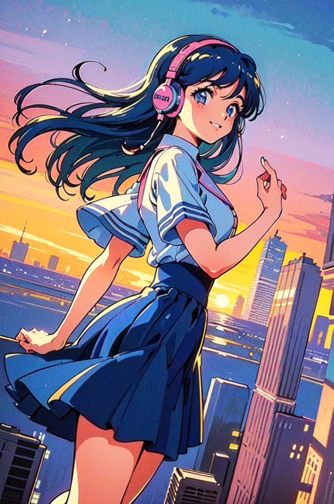 (80's, Retro, City Pop:1.5), (Album cover), (masterpiece, Highest quality, Intricate details), (anime, figure), (pastel colour:1.3), Best Photo Poses, Dynamic Angle,
, alone, smile, A perfect eye for detail, Delicate face,Headphones,
City scene, City of night, Tokyo, High Fashion, 