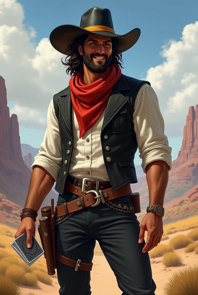 man, brown skin, brown hair.,
He has a long messy hairstyle, with a white streak in his hair,
brown eyes, and a short, well-groomed beard.
He has a normal physique, wears a black cowboy hat with a yellow band on it.,
He wears a black vest over a rolled-up white dress shirt, a red scarf around his neck, pants with a buckle, and boots with spurs. He is cheerful and well-liked, and he carries two decks of cards with him I would like it to be in a mature style, with the art in a fantasy and RPG style set in the Old West. in 1857