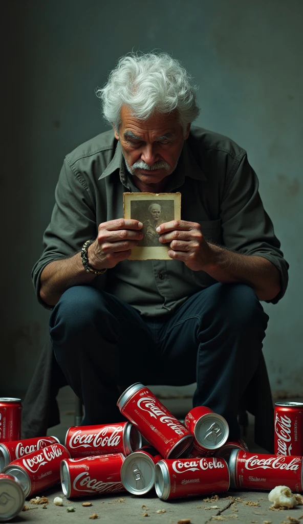 "A sad person looking at a pile of empty Coca-Cola cans, holding a photo of their younger, healthier self."