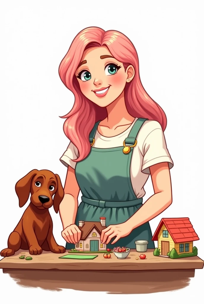 draw basic, line art style, Disney vector. Create avatar of chubby craftswoman, very beautiful, upper body. Long light pink hair, blue eyes, wide smile, white t-shirt with apron. She is with a charming red irish setter dog. in the table, working with mini houses dioramas. Specific art, fanart, sweet color, white background, clipart illustration, simple art, cartoon 2D, no shading, PNG, front view, close up
