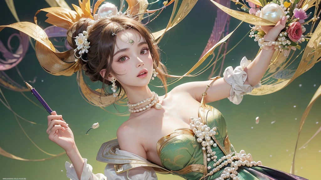 32K, 最高quality, 最高masterpiece, (ultra-Detailed Background, Detailed Background), High resolution, Super detailed, Very detailedな, 1 personの, (bouquet:1.3), (Tangled:1.2), (Geometric:1.2),(colorful),(masterpiece, quality, best quality, Official Art, Beautiful and beautiful:1.2), (1 person:1.3), Very detailed,(colorful:1.1)(Flowers:1.3),Most detailed,(Tangled:1.2), whole body, (Abstract background:1.3), (Skin glows), (Many colors:1.4), ,(Earrings Pearl:1.5), Pale yellow-green background, It's imaginative., Brunette Hair, Updo, Holding a book, Holding a pen, Satin shirt