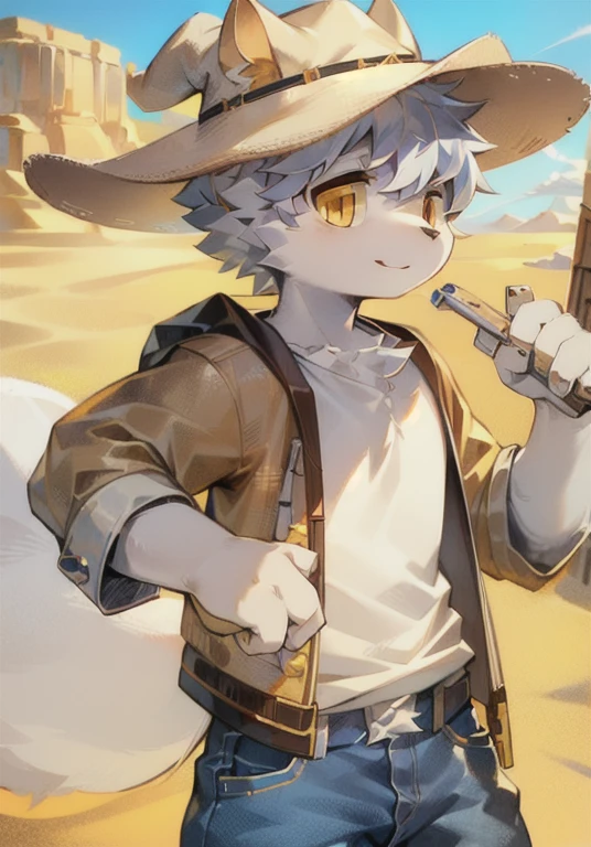 ，White male cat，boys，cute，Q version，，Big furry tail，Hairy mat，Golden Eyes，Silver Hair，Detailed background，desert，Cowboy hat，jeans，Western Cowboy，Plaid clothes，Holding a pistol