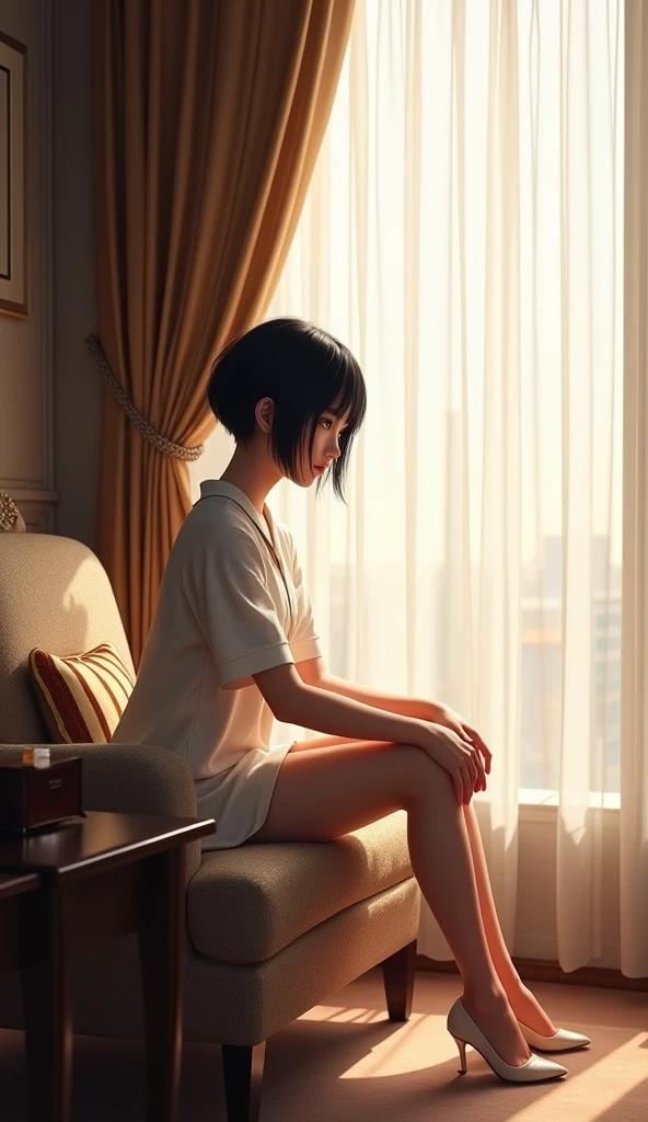 (Best quality, Japanese woman, 4, short black hair, (sitting by window, legs apart), luxury hotel room, (elegant atmosphere))