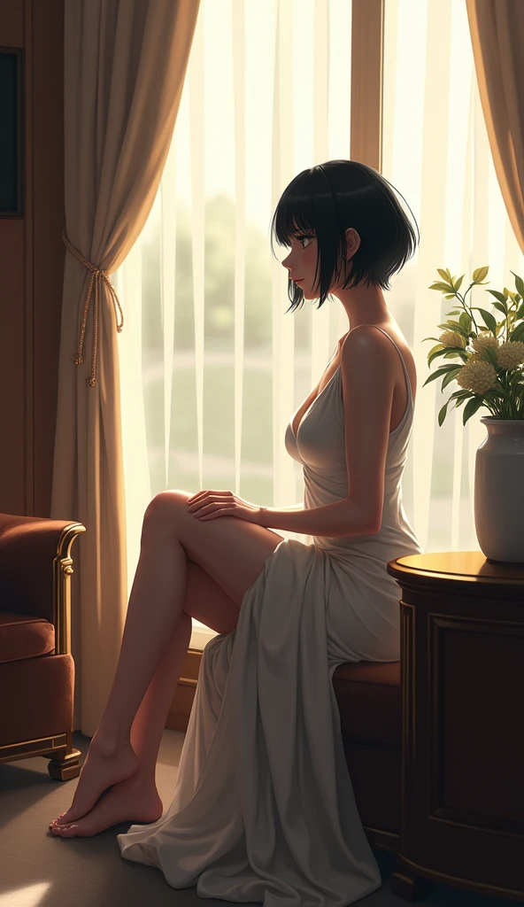 (Best quality, Japanese woman, 4, short black hair, (sitting by window, legs apart), luxury hotel room, (elegant atmosphere))