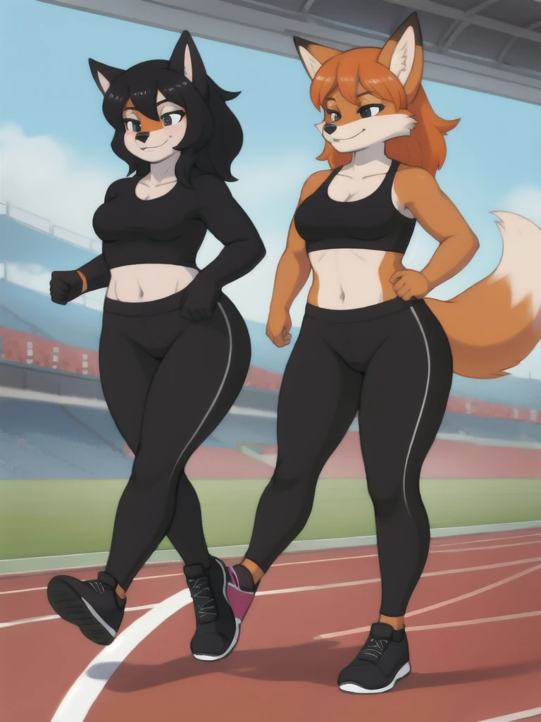 Furry, fox, female, black shirt, black leggings, shoes, running track, friends, full body