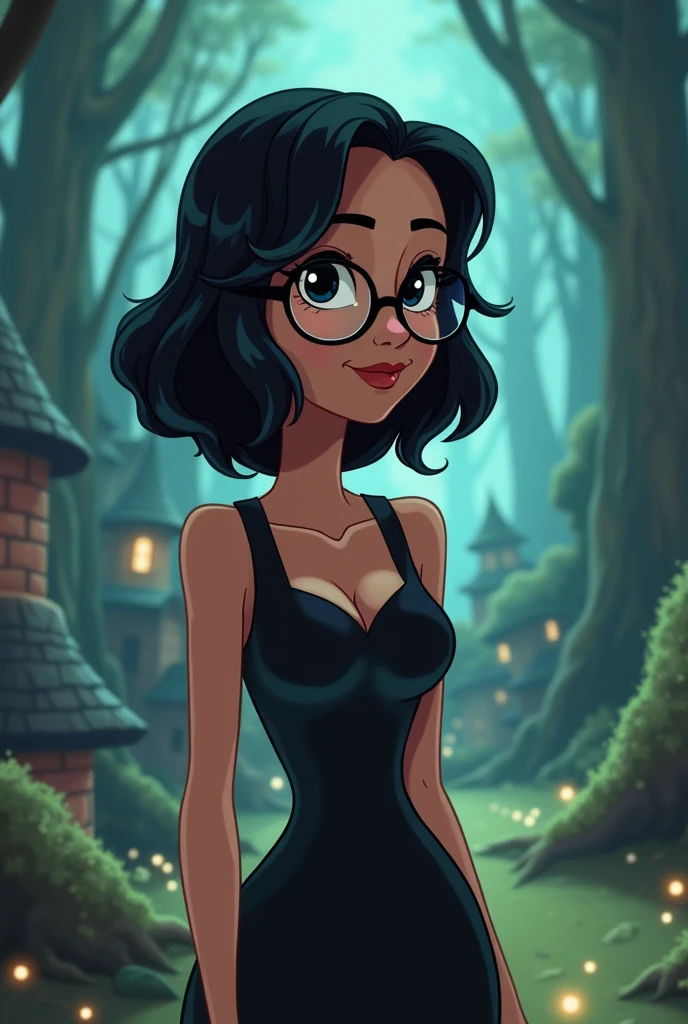 Gravity falls screenshot.
Girl with medium-length hair that reaches her nipples and is black.
He has black eyes and wears glasses.
has a happy expression.
He is wearing elegant women's clothing.
Her body is hourglass shaped..
Gravity falls appears in the background