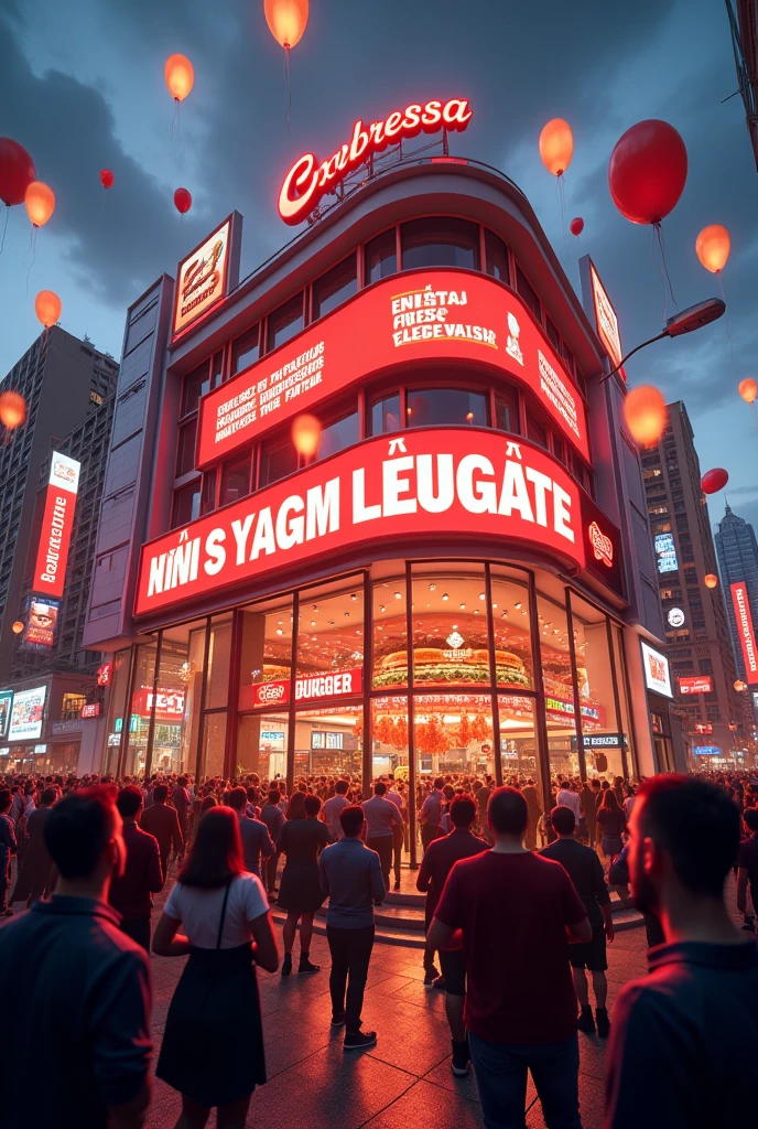 Create an image with animated phrases jumping from the screen of the inauguration of the hamburger restaurant Expressa Top Burguer