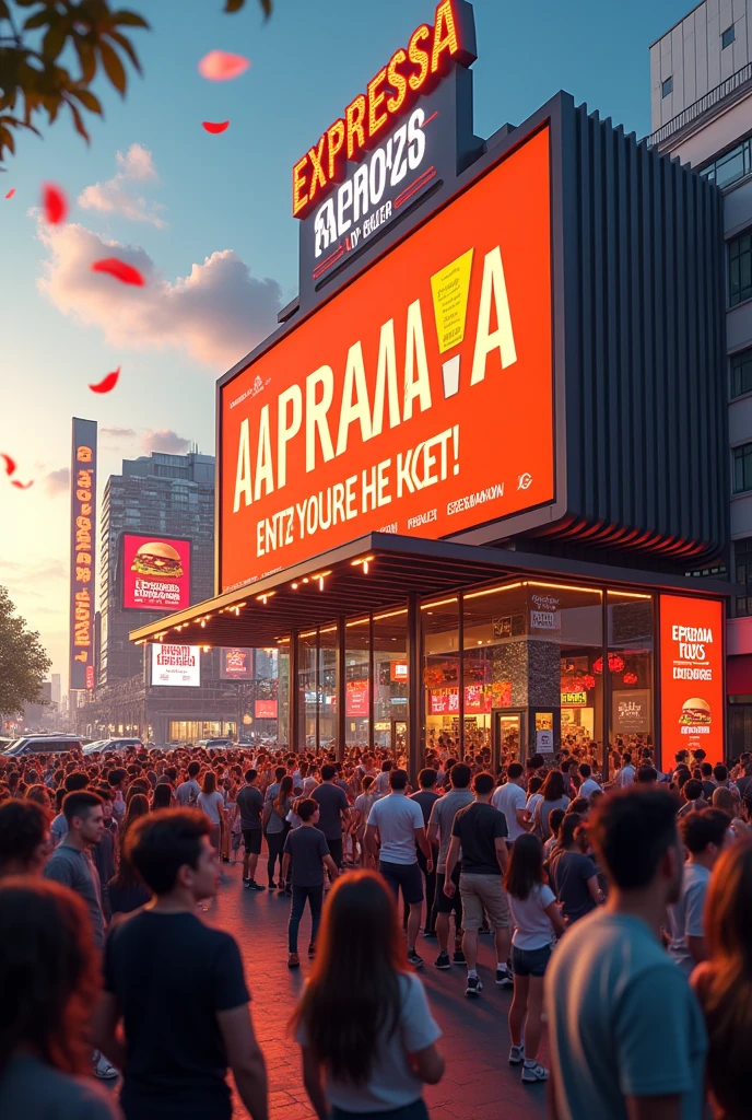 Create an image with animated phrases jumping from the screen of the inauguration of the hamburger restaurant Expressa Top Burguer 