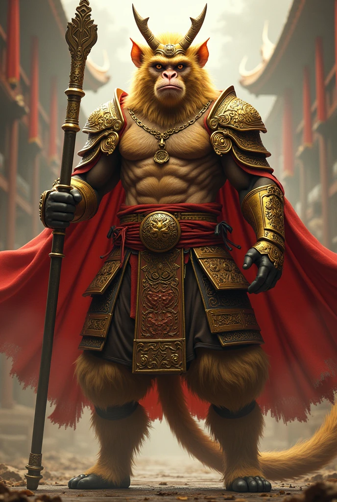 Man, golden monkey face, serious expression, in golden and brown full-body dynasty armor, two antenna-like plumes headdress, wielding a long metal bo stick with gold on two edges, red flowing cape, dynamic pose, fantasy vibe,