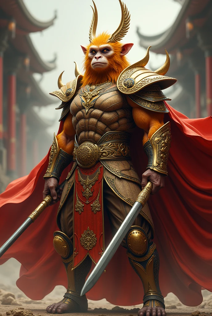 Man, golden monkey face, serious expression, in golden and brown full-body dynasty armor, two antenna-like plumes headdress, wielding a long metal bo stick with gold on two edges, red flowing cape, dynamic pose, fantasy vibe,