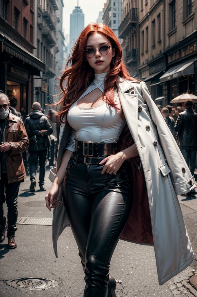 a beautiful young celebrity woman with long flowing red hair, lora_Emma, wearing high-quality high-waisted leather pants and a formal white top with a plunging neckline, a elaborate decorative waist belt, a coat draped over her shoulders, coat on shoulders, and red-tinted sunglasses, walking outdoors in a city setting, (best quality,4k,8k,highres,masterpiece:1.2),ultra-detailed,(realistic,photorealistic,photo-realistic:1.37),cinematic lighting,highly detailed,intricate details,dramatic pose,striking expression,vibrant colors,natural shadows,elegant,fashionable
