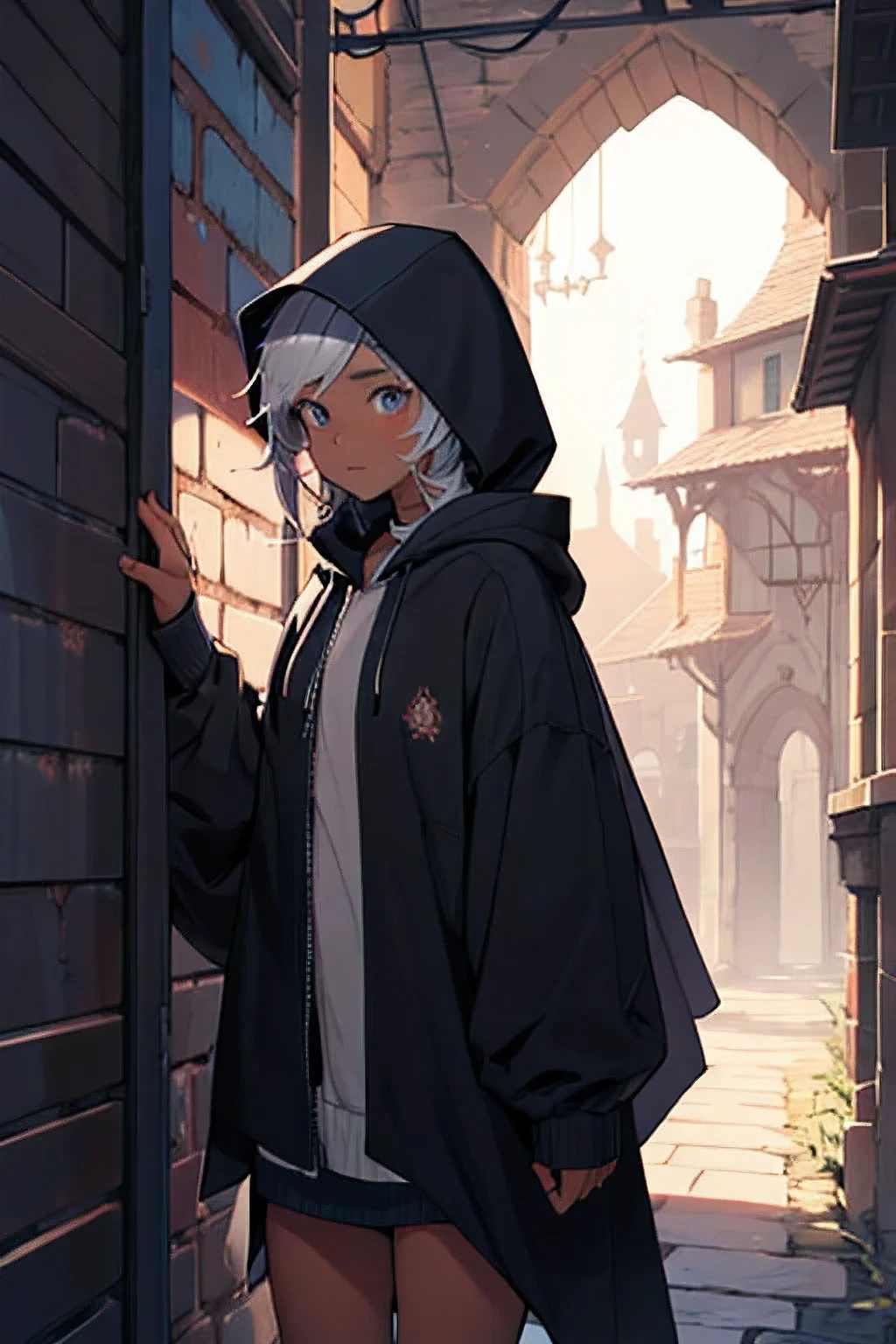 A thief teenaged girl in a hooded cloak. She has white puff hair and dark tan skin. Fantasy themed. Sneaking. Hood up