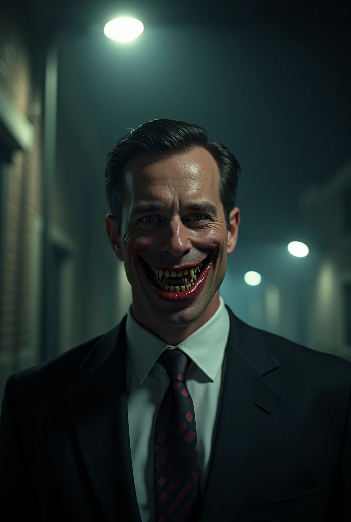 A close-up of the smiling man, who appears in his 30s, wearing a suit. His smile is unnaturally wide, and his eyes are fixed on the viewer, giving off a creepy, unsettling vibe. The streetlight above casts harsh shadows, making his face appear even more distorted and terrifying