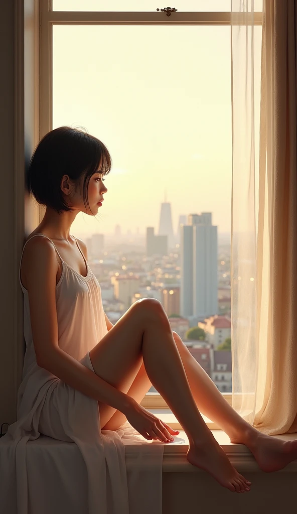 (masterpiece, 1girl, Japanese, 4, short black hair, (sitting by window, legs spread:1.3), luxury city hotel room, soft lighting)