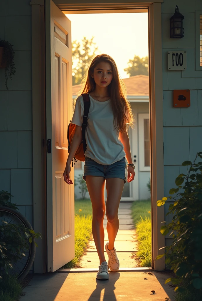 A teenager walking out of the house