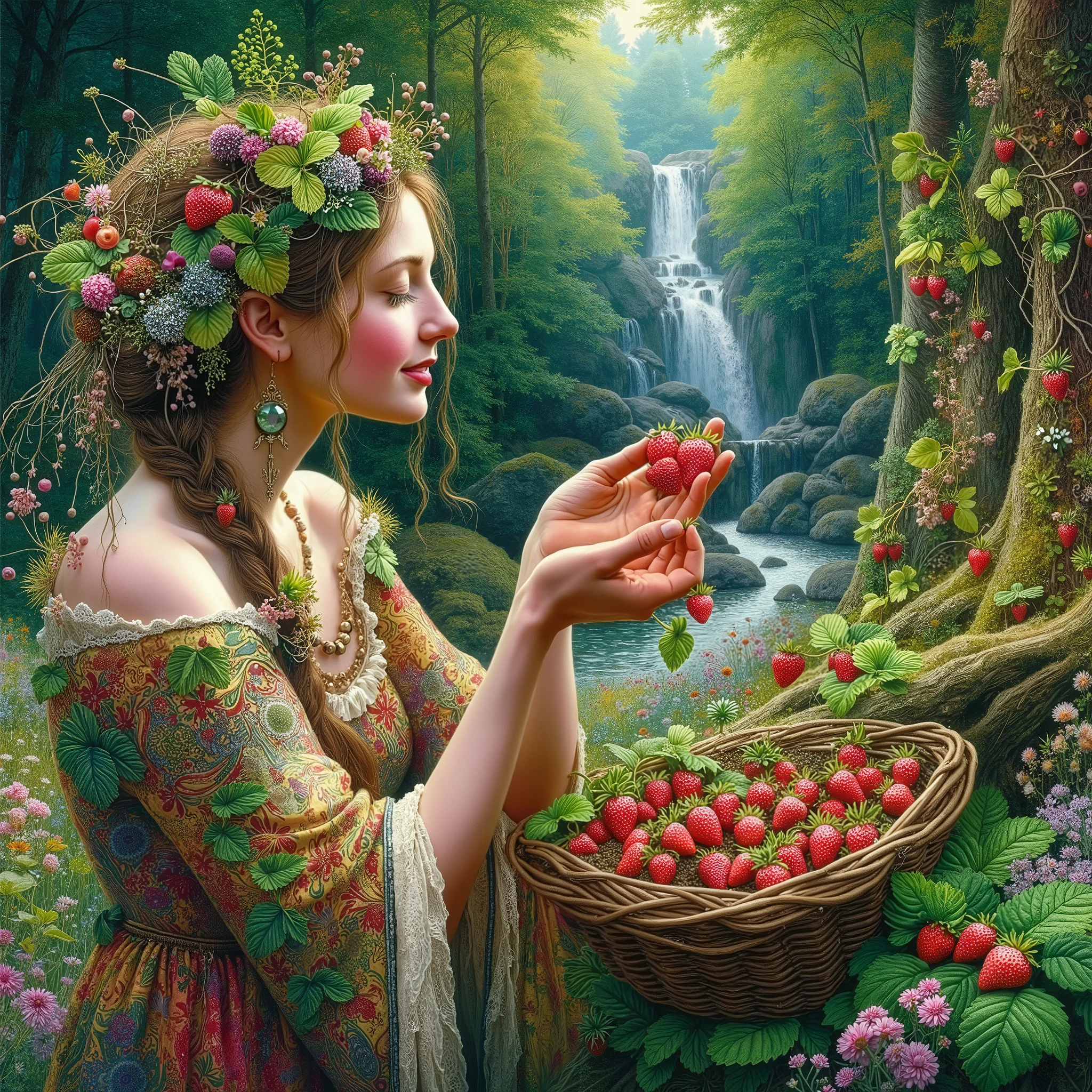 beautiful Neolithic Ancient European farmer [Woman:Maude Adams:0.1] with a wonder and delight expression, picking heart-shaped wild strawberries from its growing place at the beautiful mesmerizing tranquil woods, oil on canvas, insanely detailed and intricate, masterpiece realism painting with vibrant and dreamlike colors, and an elaborate dress adorned with wildflowers and intricate leaf patterns, with her hair adorned with small twigs and leaves, with a distant waterfall in the background, and a curious squirrel watching her