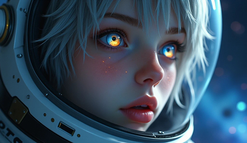 (Close-up of a better masterpiece:1.5)0.9], (Space and astronauts:1.2) (Messy silver hair:1.1) (Heterochromia xanthochromia and blue eyes:1.2) (Space Helmet:1.0) (Colored stars in the eyes:1.0) (A radiant glow:1.1) (thick lips:0.9)