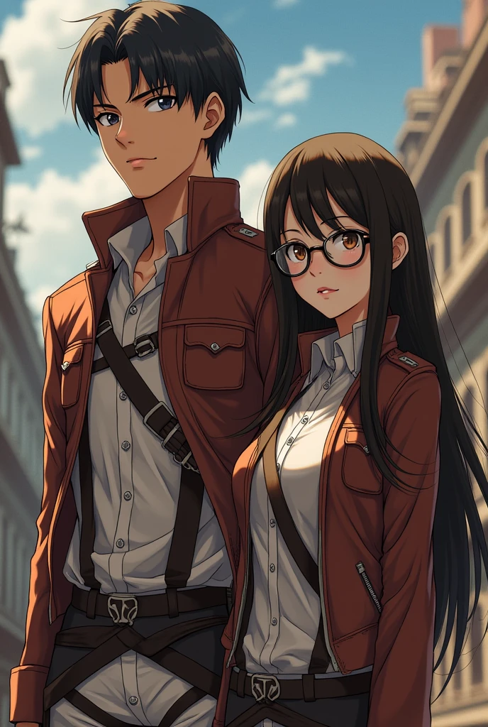 Create a girl with long straight brown hair with bangs and glasses standing together Levi Ackerman, make the girl taller than Levi , with the drawing style of the anime attack on titan